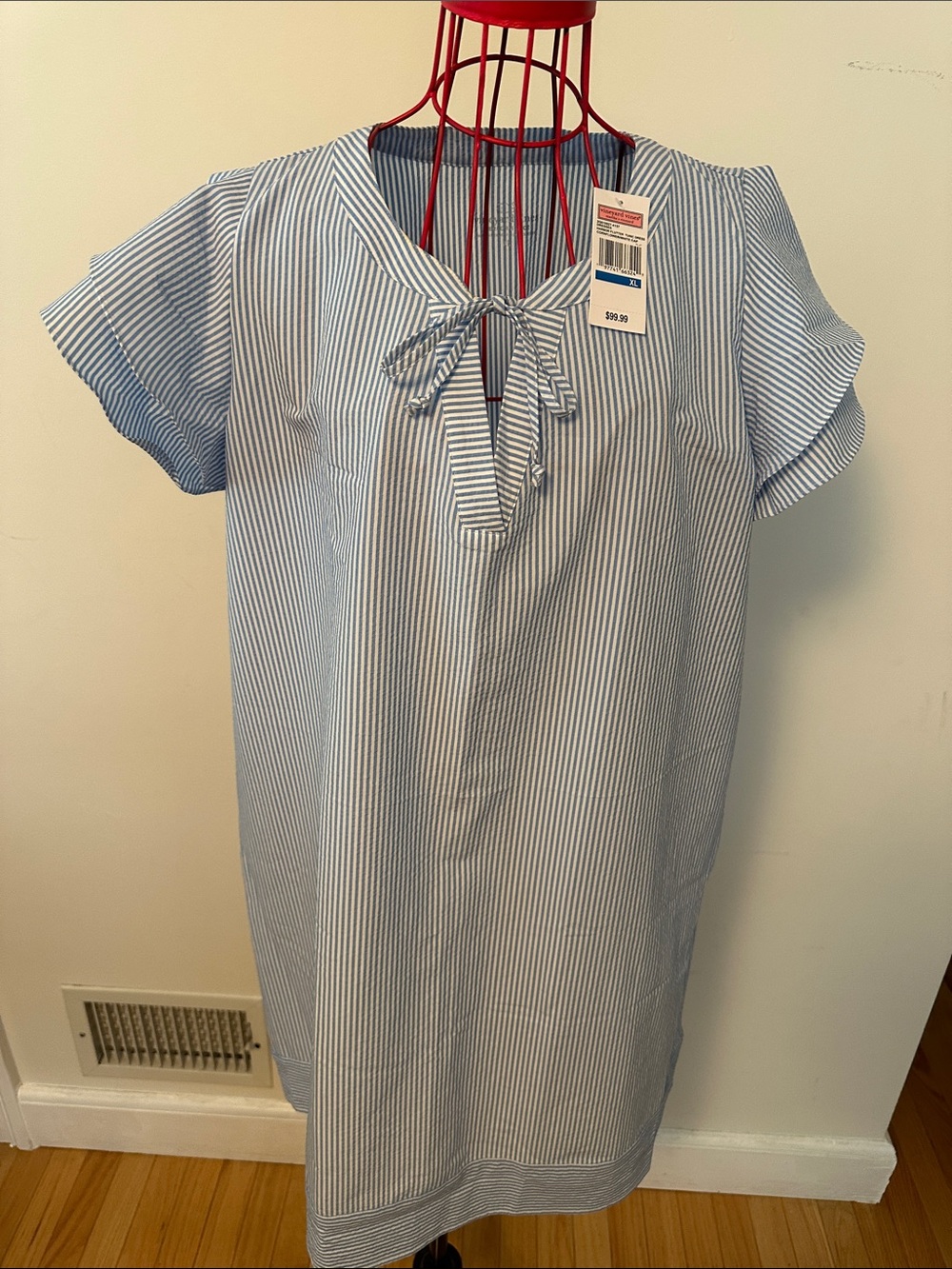 Vineyard Vines Blue and White Striped Tie-Neck Shift Dress